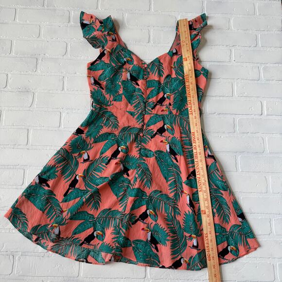 Glamorous Women's Peach Tropical Toucan Flutter Sleeve Fitted Dress -sz 12 - Picture 5 of 5